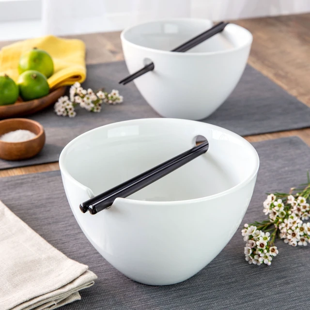 Alt view image 3 of 4 - Better Homes & Gardens 2-Pack White Porcelain Noodle Bowl with Black Chopsticks