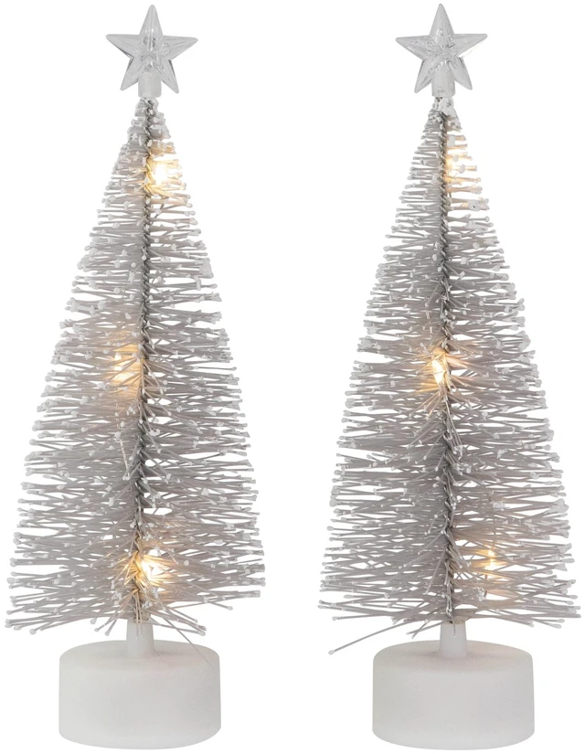 Main image of Set of 2 LED Pre-Lit Mini Bottle Brush Pine Christmas Village Trees - 7-Inch Silver