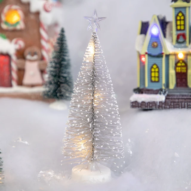 Alt view image 3 of 4 - Set of 2 LED Pre-Lit Mini Bottle Brush Pine Christmas Village Trees - 7-Inch Silver