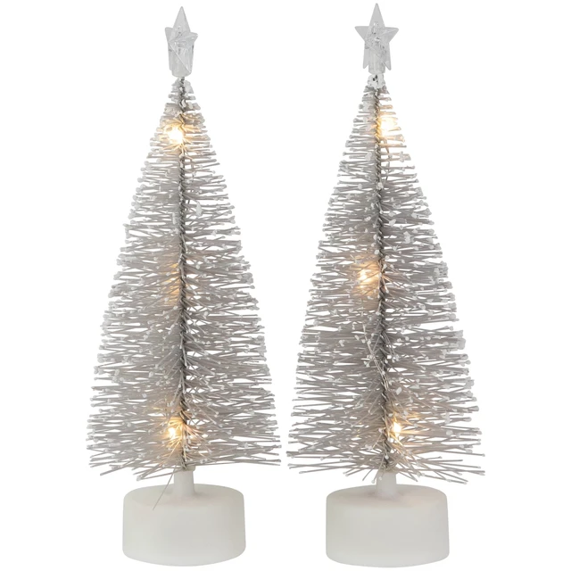 Alt view image 2 of 4 - Set of 2 LED Pre-Lit Mini Bottle Brush Pine Christmas Village Trees - 7-Inch Silver