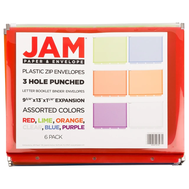 Alt view image 5 of 5 - JAM Paper Plastic 3-Hole Punch Zip Envelopes, 9-3/4 x 13, Assorted Multicolor, 6-Pack