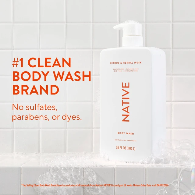 Alt view image 6 of 6 - Native Body Wash 36 fl oz, Sulfate Free, Naturally Derived, Citrus & Herbal Musk, for Women and Men