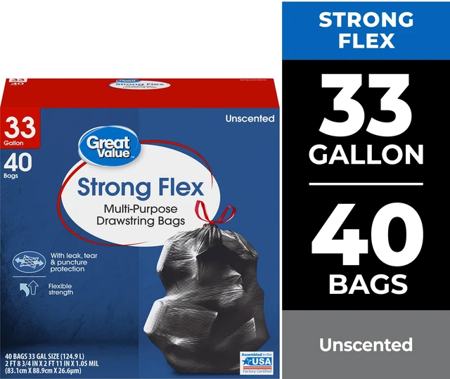 Main image of Great Value Strong Flex 33-Gallon Drawstring Multi-Purpose Unscented Trash Bags, 40 Bags