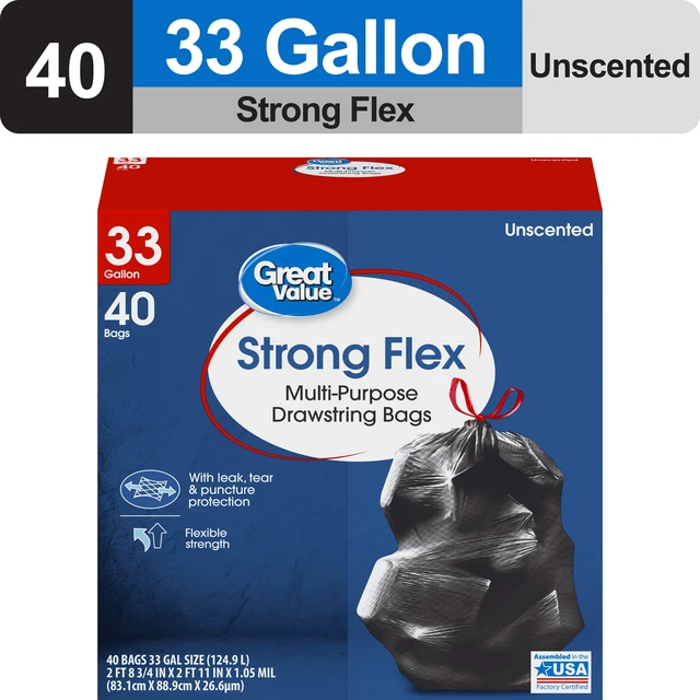 Alt view image 4 of 6 - Great Value Strong Flex 33-Gallon Drawstring Multi-Purpose Unscented Trash Bags, 40 Bags
