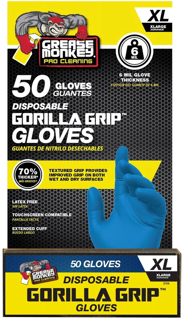 Main image of Grease Monkey Pro Cleaning Disposable Nitrile Gloves, Traction Grip, Blue, 50 Count, X-Large (Male)