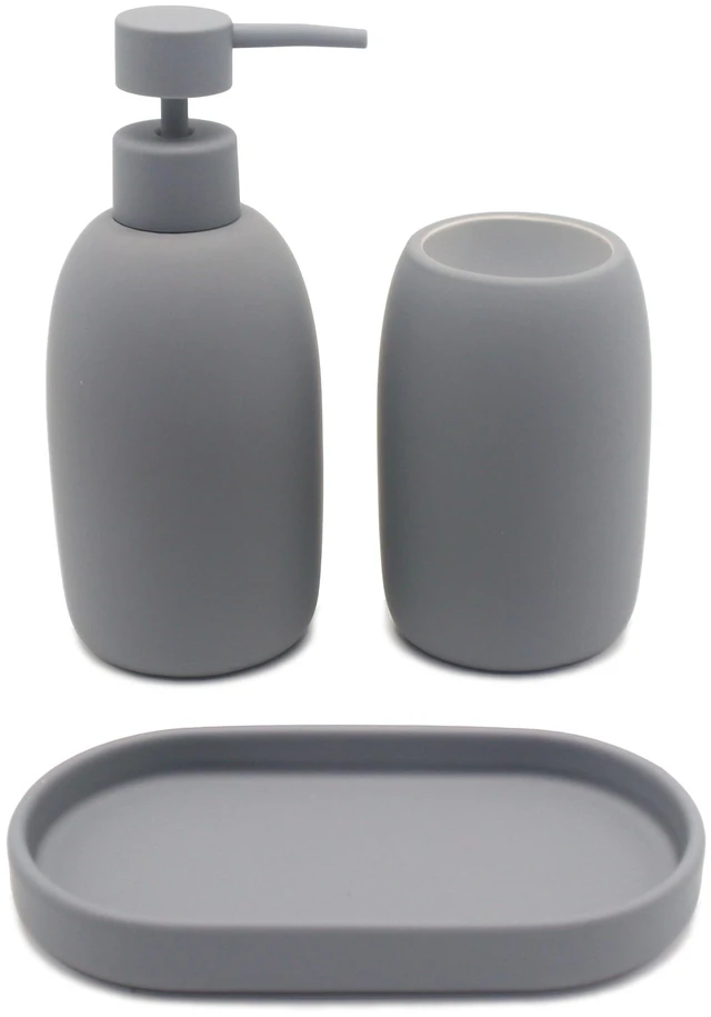 Alt view image 6 of 6 - Mainstays Ceramic Stoneware Bath Accessories 3-Piece Set, Grey - Soap Pump Dispenser, Tumbler, and Accessory Tray