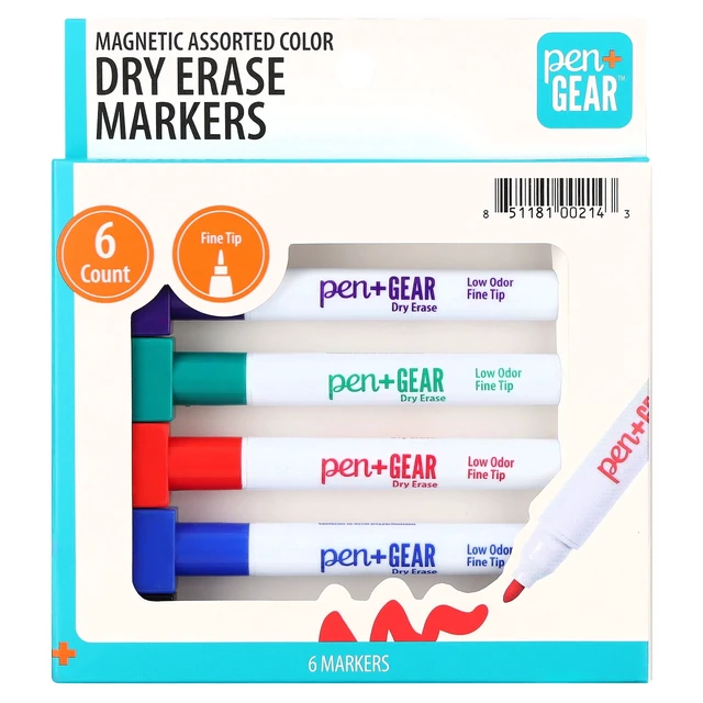 Alt view image 2 of 6 - Pen+Gear Magnetic Dry Erase Markers, Fine Tip, Assorted Colors, 6 Count, with Eraser, 3 Pack