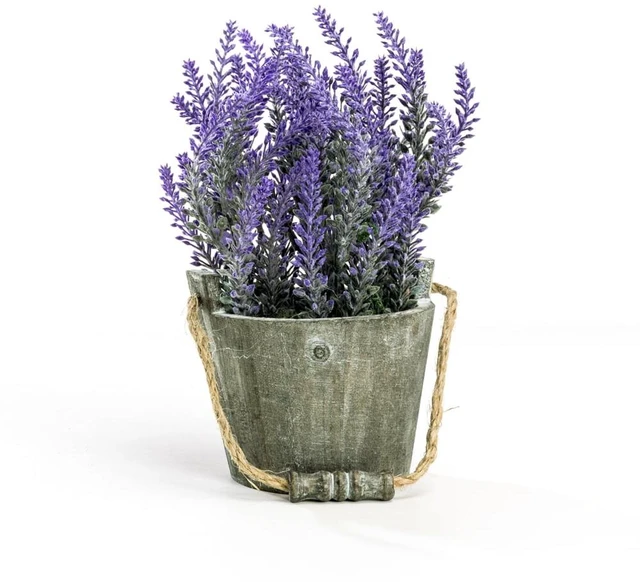 Main image of K-Cliffs Vintage Artificial Lavender Flowers Bouquet in Rustic Gray Wooden Metal Planter Pot, 6.7Dia x 8.3H in & 5Dia x 4.3 in
