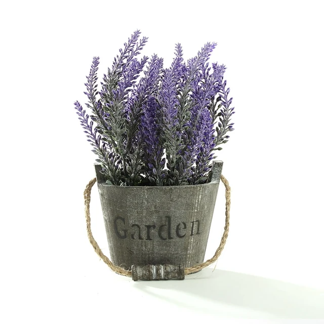Alt view image 6 of 7 - K-Cliffs Vintage Artificial Lavender Flowers Bouquet in Rustic Gray Wooden Metal Planter Pot, 6.7Dia x 8.3H in & 5Dia x 4.3 in