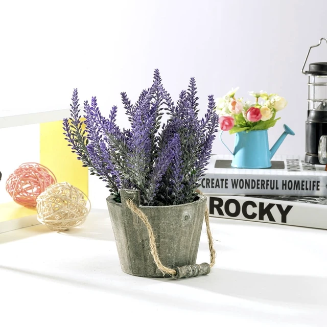 Alt view image 2 of 7 - K-Cliffs Vintage Artificial Lavender Flowers Bouquet in Rustic Gray Wooden Metal Planter Pot, 6.7Dia x 8.3H in & 5Dia x 4.3 in