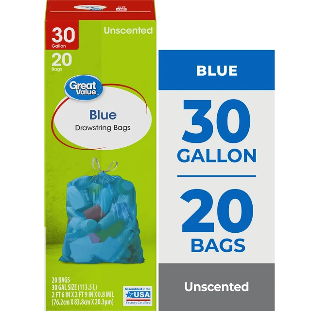 Alt view image 2 of 6 - Great Value 30-Gallon Unscented Blue Drawstring Large Bags, 3 Pack of 20 Bags