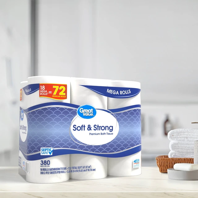 Alt view image 2 of 6 - Great Value Soft & Strong 2-Ply Toilet Paper, 18 Mega Rolls, 380 Sheets per Roll