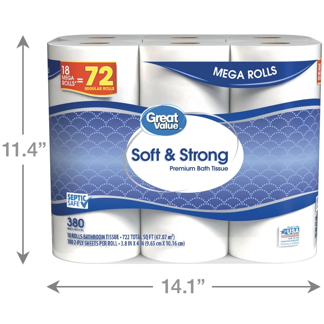 Alt view image 4 of 6 - Great Value Soft & Strong 2-Ply Toilet Paper, 18 Mega Rolls, 380 Sheets per Roll