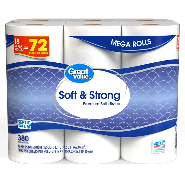 Alt view image 6 of 6 - Great Value Soft & Strong 2-Ply Toilet Paper, 18 Mega Rolls, 380 Sheets per Roll