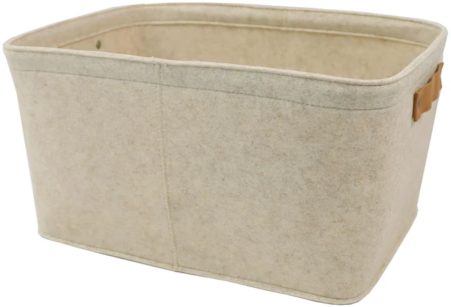 Main image of Mainstays Medium Felt Decorative Storage Basket with Faux Leather Handles, Oatmeal, 15in x 11.02in x 7.87in