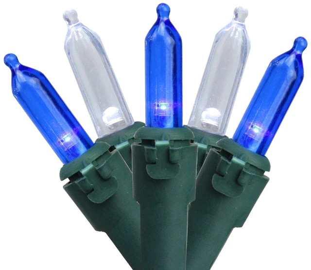 Main image of Set of 50 Blue and Pure White LED Mini Christmas Lights, 4-Inch Spacing, Green Wire