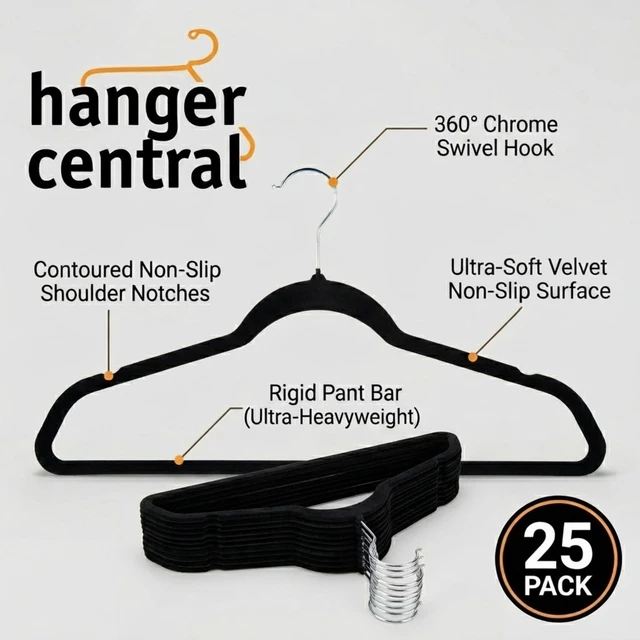Alt view image 3 of 6 - Hanger Central 25-Pack 17-Inch Black Velvet Clothes Hangers with Swivel Hook