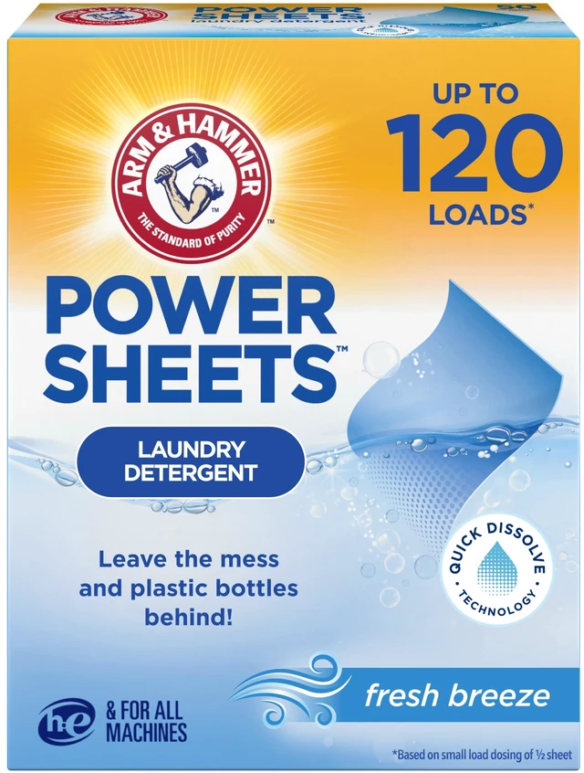Main image of ARM & HAMMER Power Sheets Laundry Detergent, Fresh Breeze, 60 Count, Up to 120 Small Loads