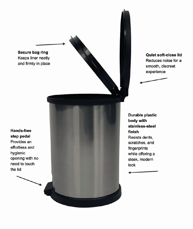 Alt view image 6 of 6 - Mainstays 1.5 Gallon Small Plastic Bathroom Step Trash Can with Lid, Silver