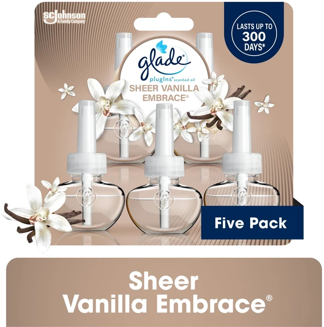 Main image of Glade PlugIns Scented Oil Refills, 3.35 Fl Oz, Pack of 5, Sheer Vanilla Embrace, Essential Oil Infused Wall Plug In Air Freshener
