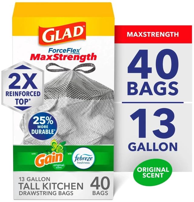 Main image of Glad ForceFlex MaxStrength 13-Gallon Drawstring Tall Trash Bags, Gain Original Scent, 40 Count
