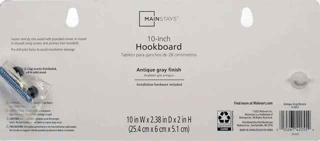 Alt view image 4 of 6 - Mainstays 10Inch Wooden Hookboard with Shelf, 4 Metal Hooks, and Mounting Hardware, Antique Grey