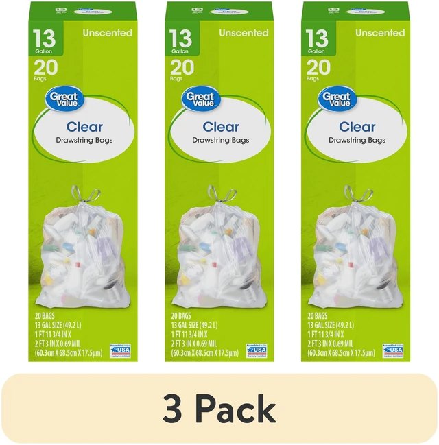 Main image of Great Value Clear Drawstring Tall Kitchen Bags, 13 Gal, Unscented, 20 Bags, 3-Pack