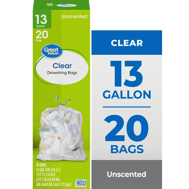 Alt view image 2 of 6 - Great Value Clear Drawstring Tall Kitchen Bags, 13 Gal, Unscented, 20 Bags, 3-Pack