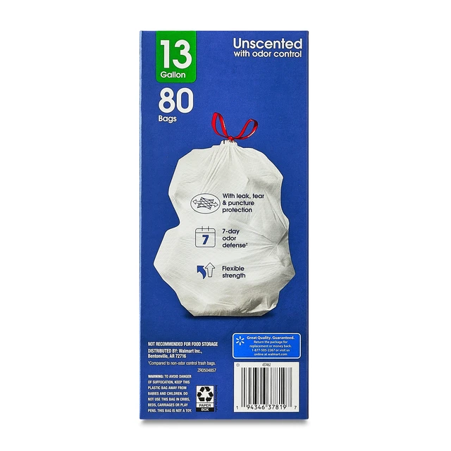 Alt view image 5 of 6 - 13Gallon Great Value Drawstring Kitchen Wastebasket Liners, White, Unscented, 80Count