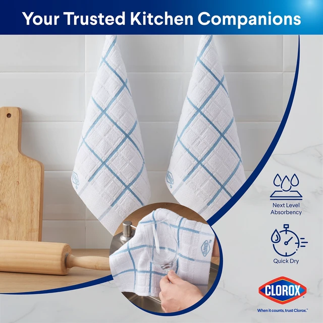Alt view image 6 of 6 - Clorox Cotton Dish Cloths 2 Pack, Absorbent for Cooking, Drying Dishes, Cleaning, 12" x 12", Blue