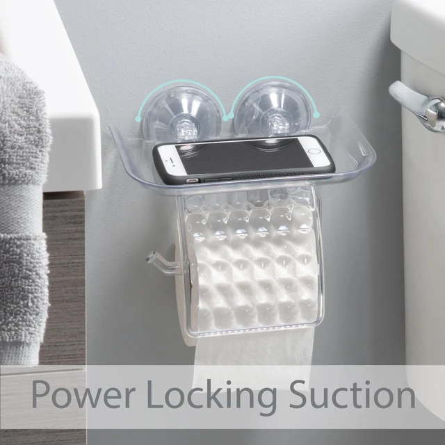 Alt view image 3 of 5 - Bath Bliss Power Lock Suction Cup Toilet Paper Dispenser With Cell Phone Holder, Clear