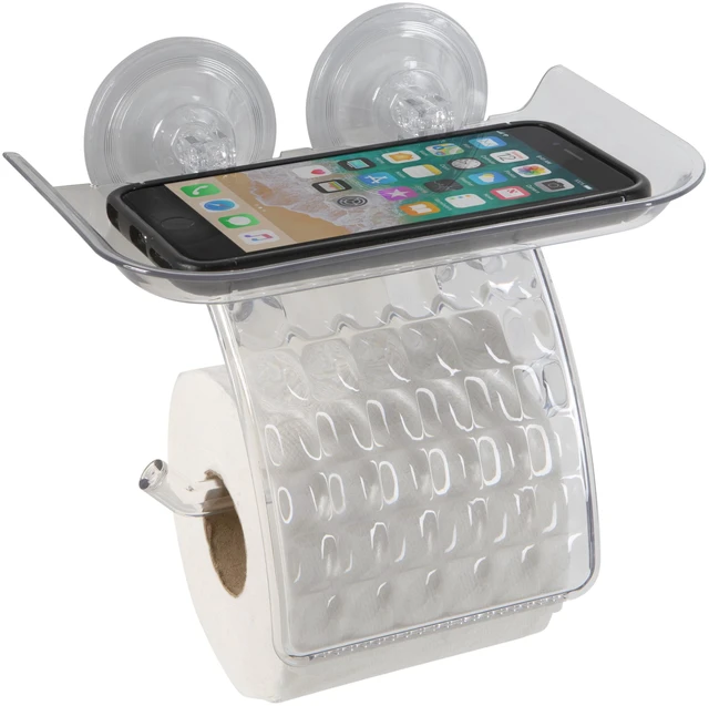 Alt view image 5 of 5 - Bath Bliss Power Lock Suction Cup Toilet Paper Dispenser With Cell Phone Holder, Clear