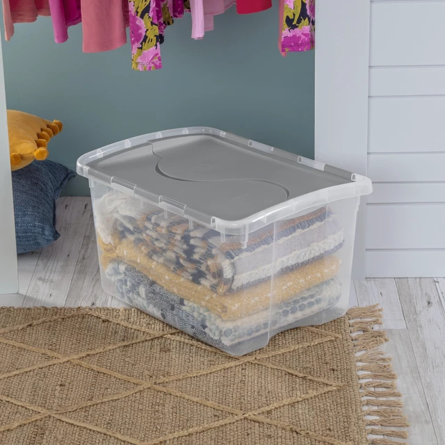 Alt view image 4 of 6 - Sterilite 48 Quart Medium Storage Bin With Hinge Lid, Clear Plastic, Gray