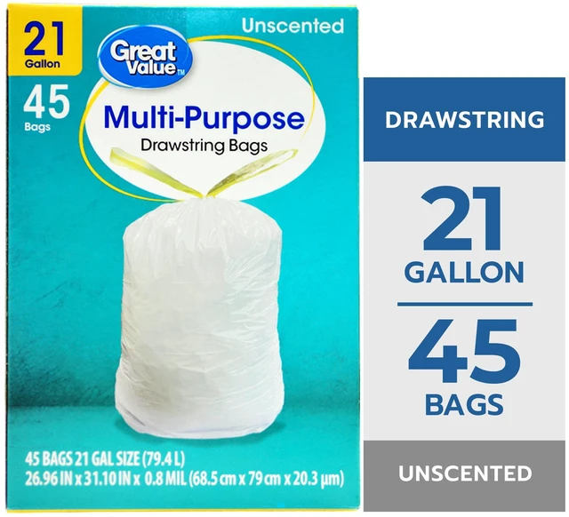 Main image of Great Value 21-Gallon Drawstring Trash Bags, Unscented, 45 Bags