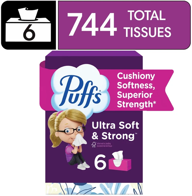 Main image of Puffs Ultra Soft Facial Tissues, 6 Family Size Boxes, 124 Tissues per Box