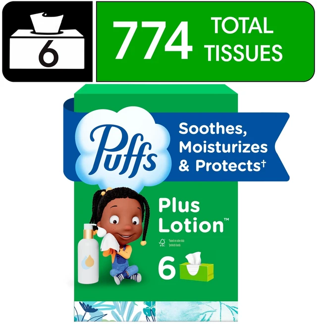 Main image of Puffs Plus Lotion Facial Tissue, 6 Family Boxes, 124 Tissues Per Box