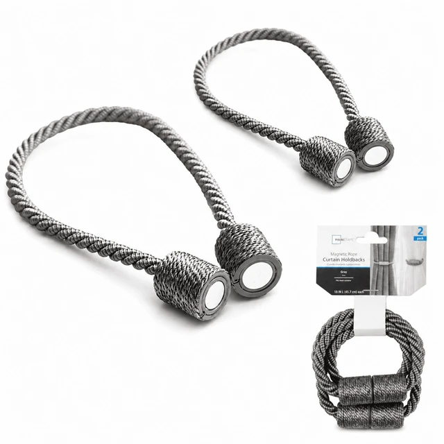 Main image of Mainstays 2-Pack Magnetic Curtain Tiebacks, 18 Inch, Gray