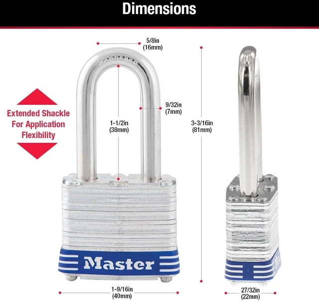 Alt view image 3 of 5 - Master Lock Laminated Steel 1-9/16in (40mm) Padlock with Key, 1-1/2in (38mm) Shackle