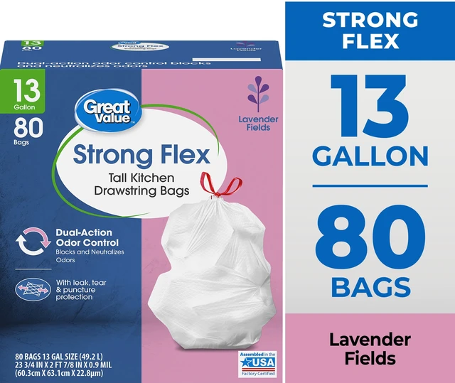 Main image of Great Value Strong Flex 13Gallon 80Count Tall Kitchen Drawstring Garbage Bags Lavender Fields