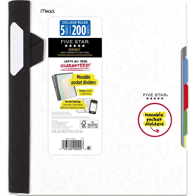 Alt view image 2 of 5 - Five Star Advance 5 Subject College Ruled Notebook Plus Study App, 8.5" x 11", White, Poly, Spiral, 200 Sheets