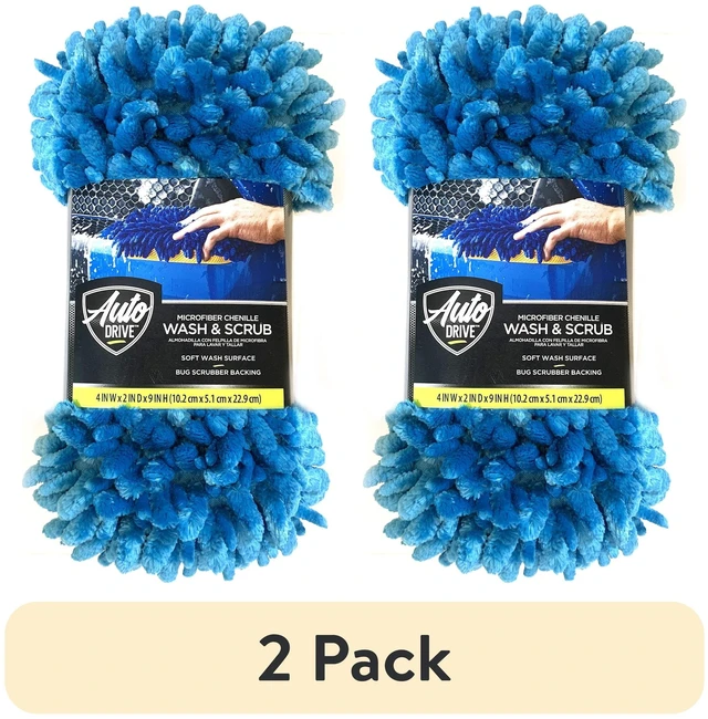 Main image of Auto Drive Microfiber Car Wash Sponge with Chenille Pile and Scrubber Back, Blue, 2 Pack