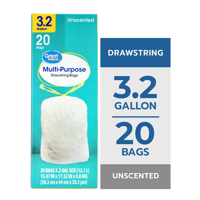 Alt view image 2 of 6 - Great Value 3.2Gal Drawstring Trash Bags, Unscented, 2 Pack (20 Bags)