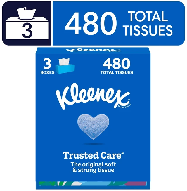 Main image of Kleenex Trusted Care 2-Ply Flat Box Facial Tissues, 3 Pack (480 Tissues)