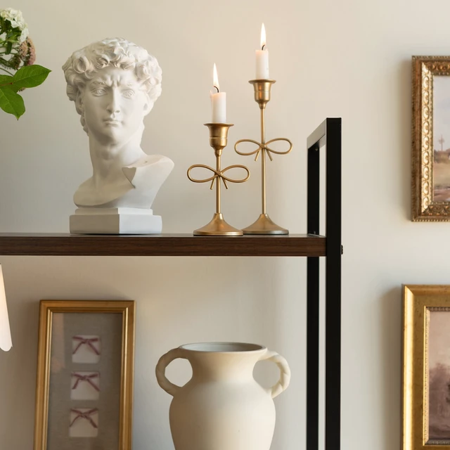 Alt view image 4 of 6 - Sterling & Noble Home Gold Metal 5.91in Indoor Tabletop Taper Candleholder with Bow Accent