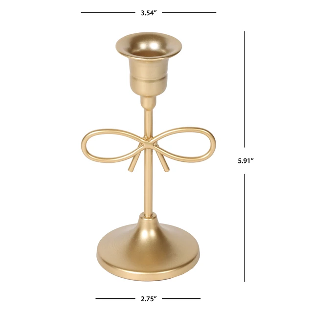 Alt view image 2 of 6 - Sterling & Noble Home Gold Metal 5.91in Indoor Tabletop Taper Candleholder with Bow Accent