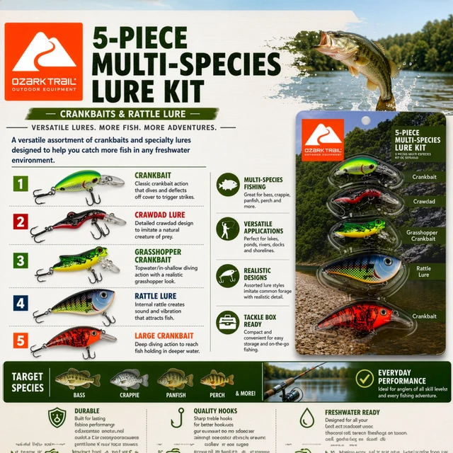 Alt view image 3 of 6 - Ozark Trail 5-Piece Multi-Species Fishing Lure Kit with Crankbaits and Rattle Lure