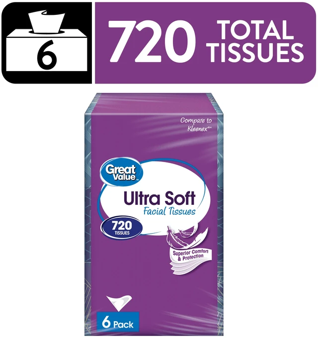 Main image of Great Value Facial Tissues, Ultra Soft, 3-Ply, 6 Flat Cartons, 120 Tissues Per Carton