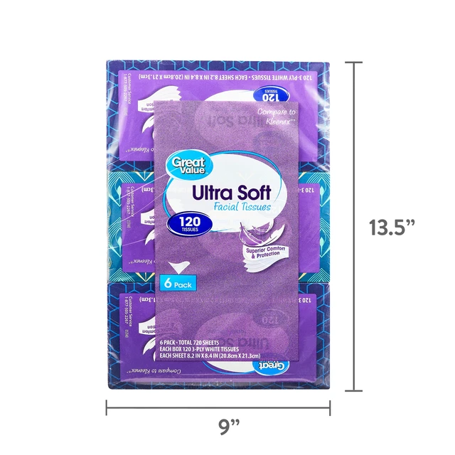 Alt view image 5 of 6 - Great Value Facial Tissues, Ultra Soft, 3-Ply, 6 Flat Cartons, 120 Tissues Per Carton