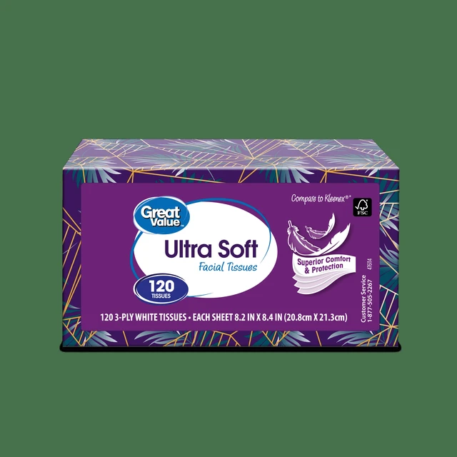 Alt view image 2 of 6 - Great Value Facial Tissues, Ultra Soft, 3-Ply, 6 Flat Cartons, 120 Tissues Per Carton