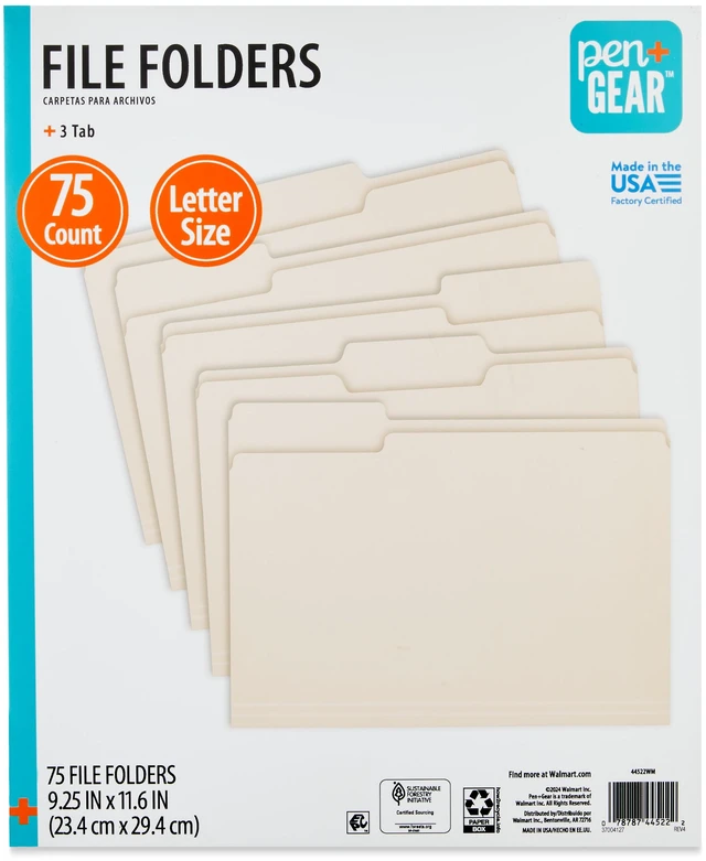 Main image of Pen+Gear Letter Size 1/3 Cut File Folders, 75 Count, Manila